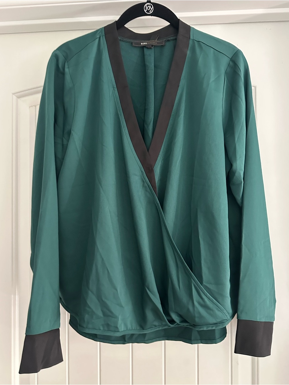 BCBG Green Wrap Blouse with Black Trim